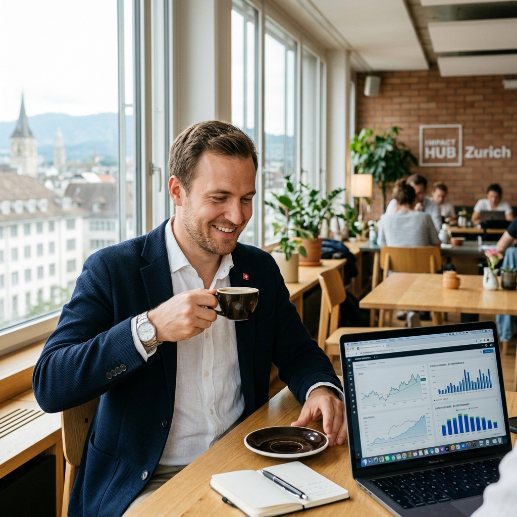Entspannter Selbstständiger in Schweizer Cafe